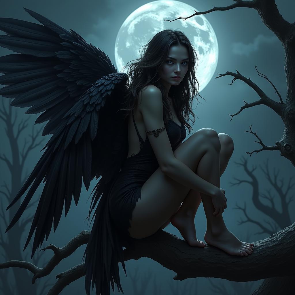 Dark fairy with raven wings bathed in moonlight