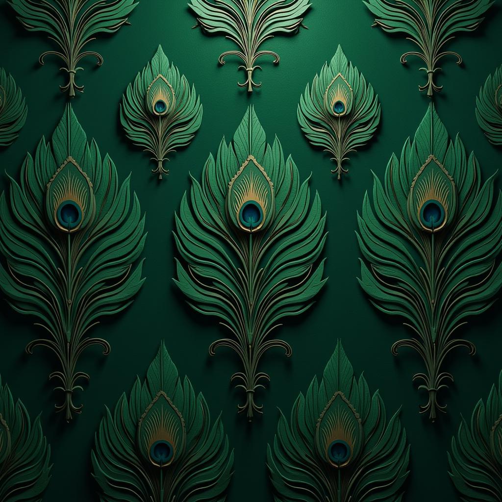 Dark Green Art Nouveau Wallpaper with Peacock Feather Motif