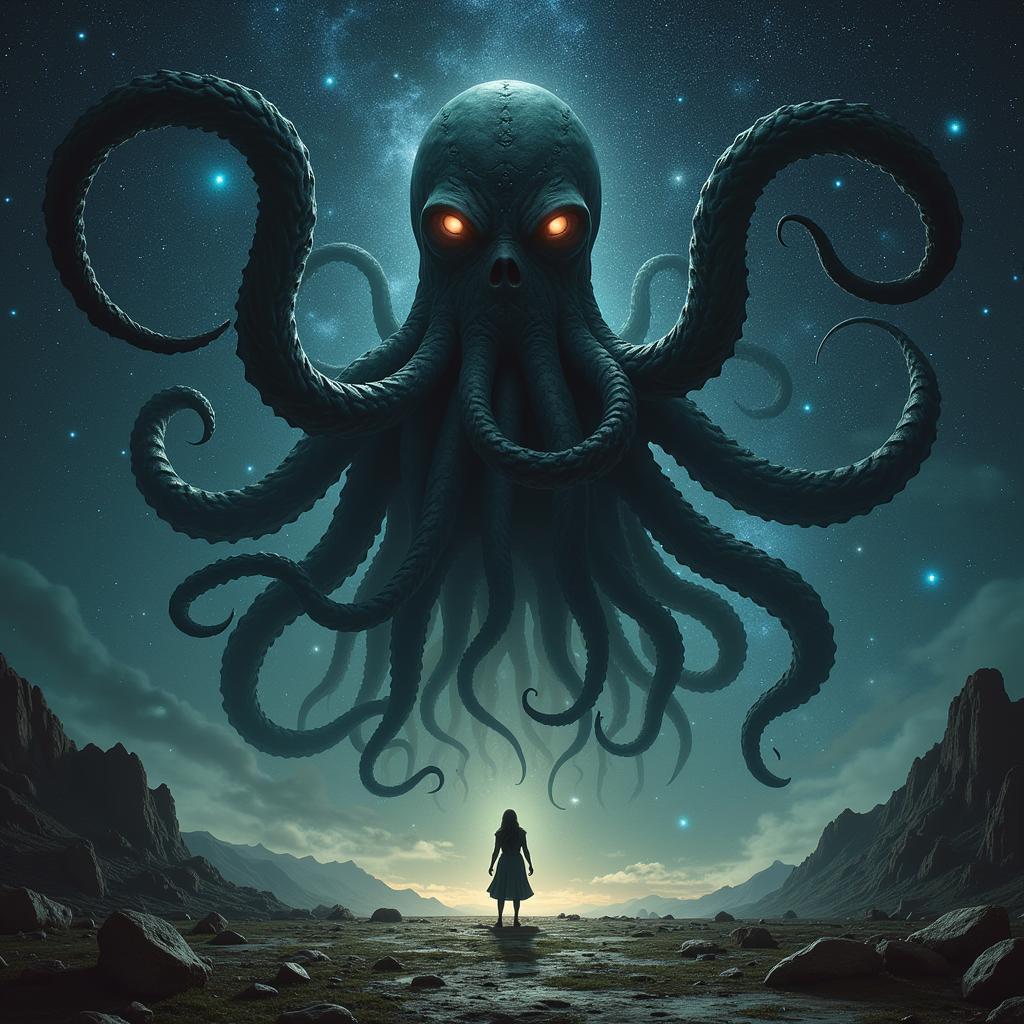 Dark Weird Art: Cosmic Horror Depicting a Tentacled Entity in a Starry Void