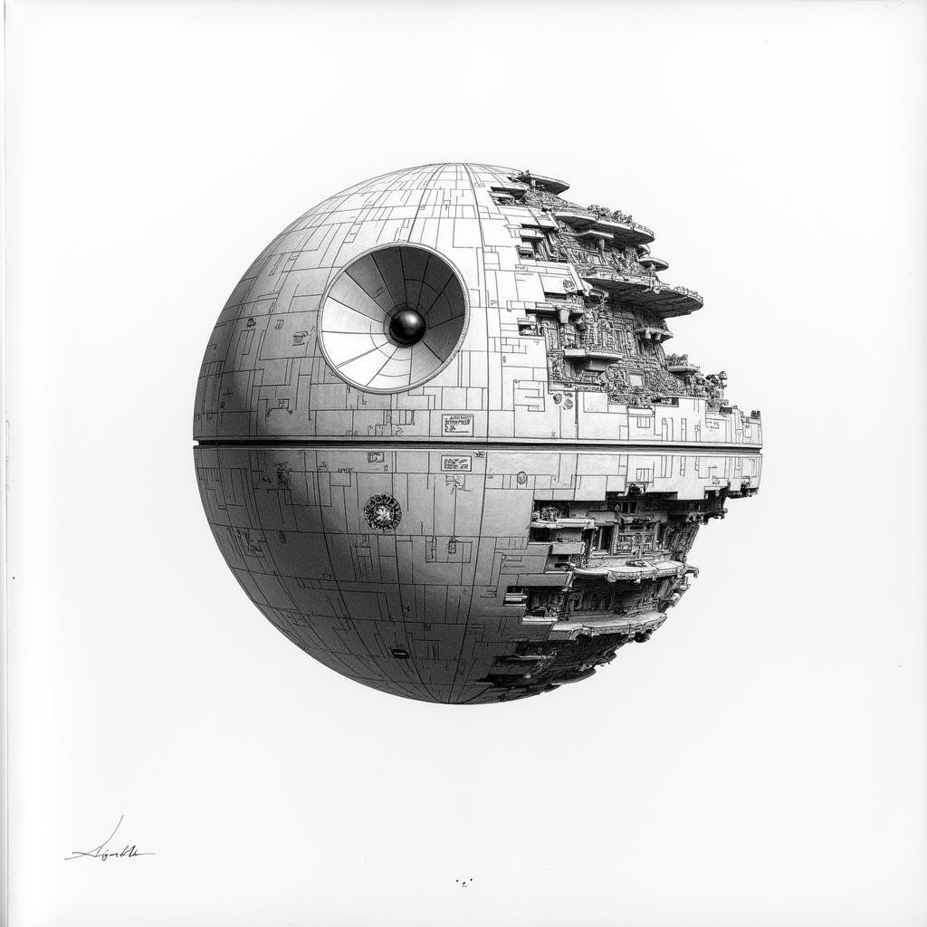 Detailed Pencil Sketch of the Death Star