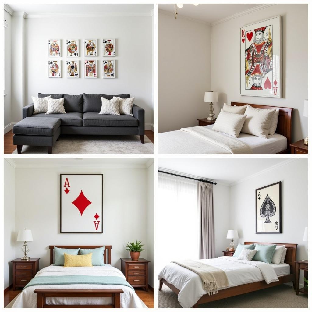 Deck of cards wall art displayed in various rooms, such as living rooms, game rooms, and bedrooms, to demonstrate its versatility.