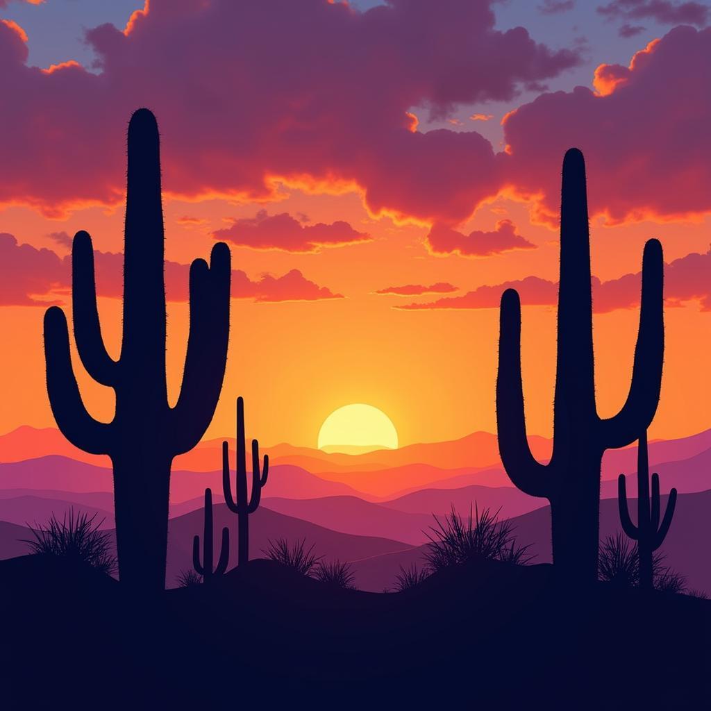 Desert art print featuring cacti silhouettes at sunset, showcasing vibrant colors and serene atmosphere