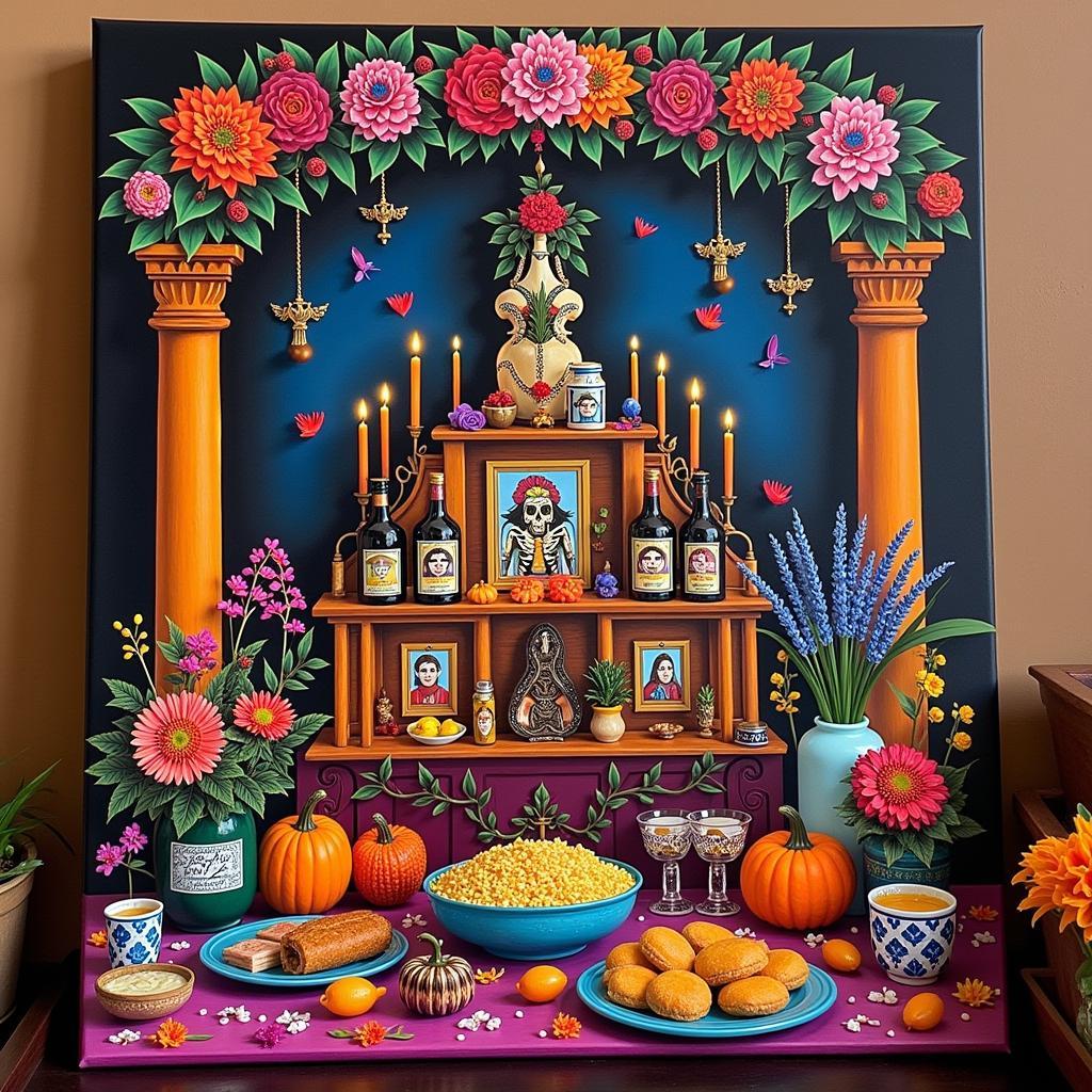 Dia de los Muertos Canvas Art Showing an Ofrenda (Altar)