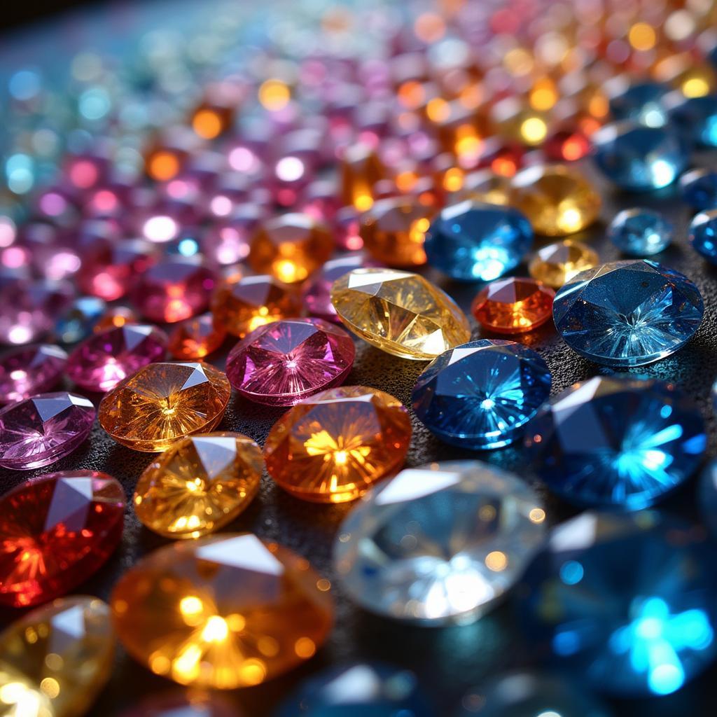 Close-up of sparkling diamonds in a diamond art kit, showcasing vibrant colors and textures.