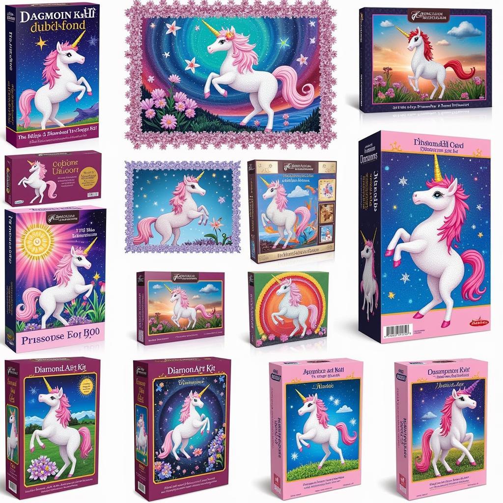 Diamond art unicorn kits showcasing various designs and sizes