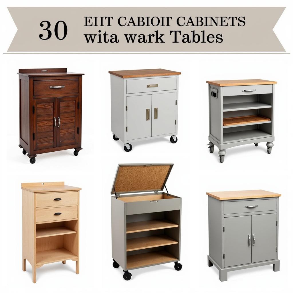 Various styles of art storage cabinets with tables, showcasing different sizes, materials, and configurations.