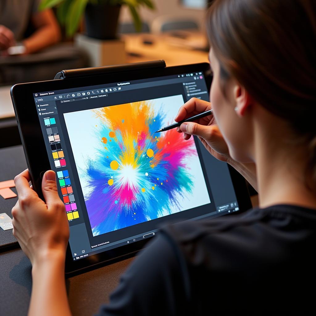 Digital Art Elements Exploration: A digital artist using a stylus and tablet to experiment with different elements of art in a digital painting software.