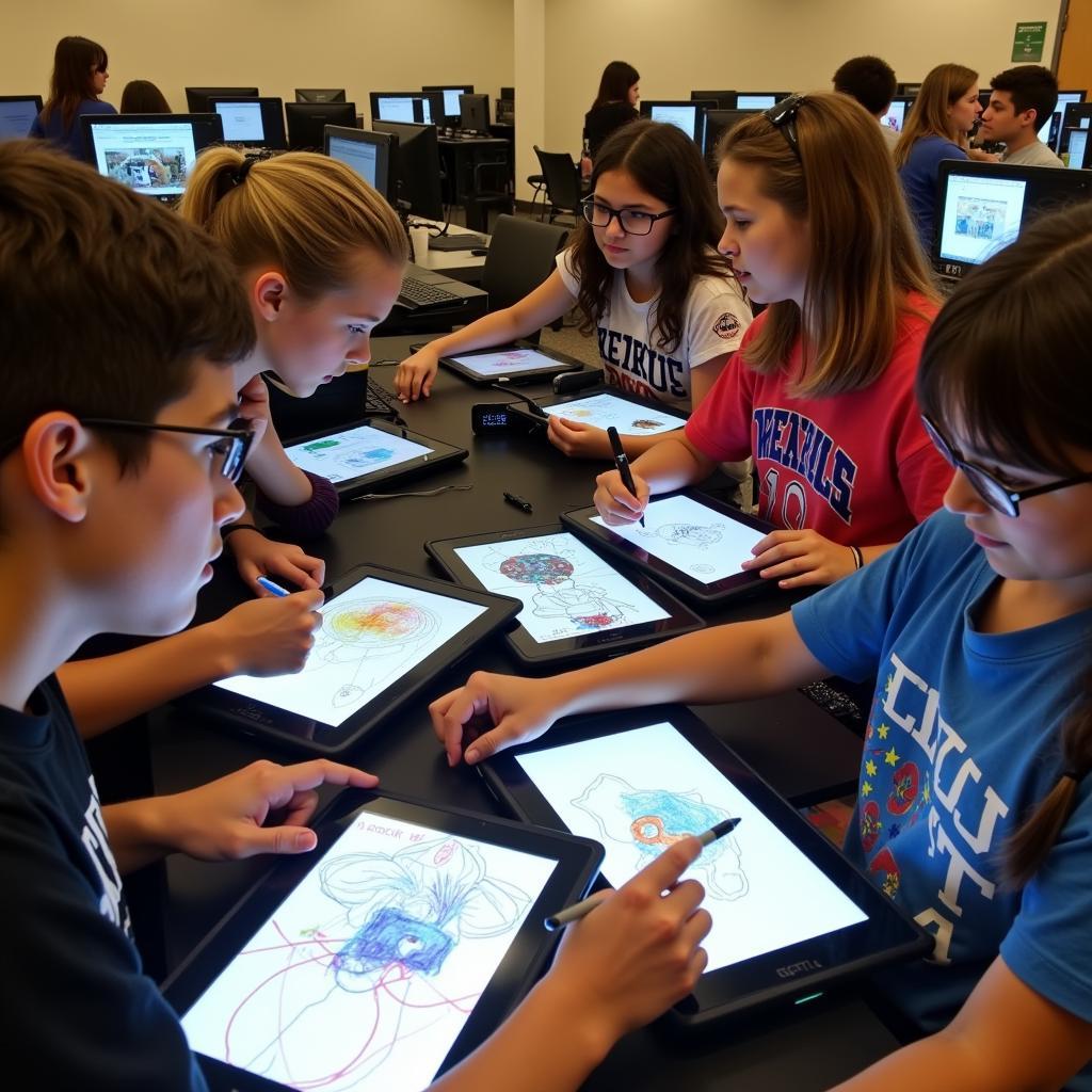 Students collaborating on digital art projects during summer camp