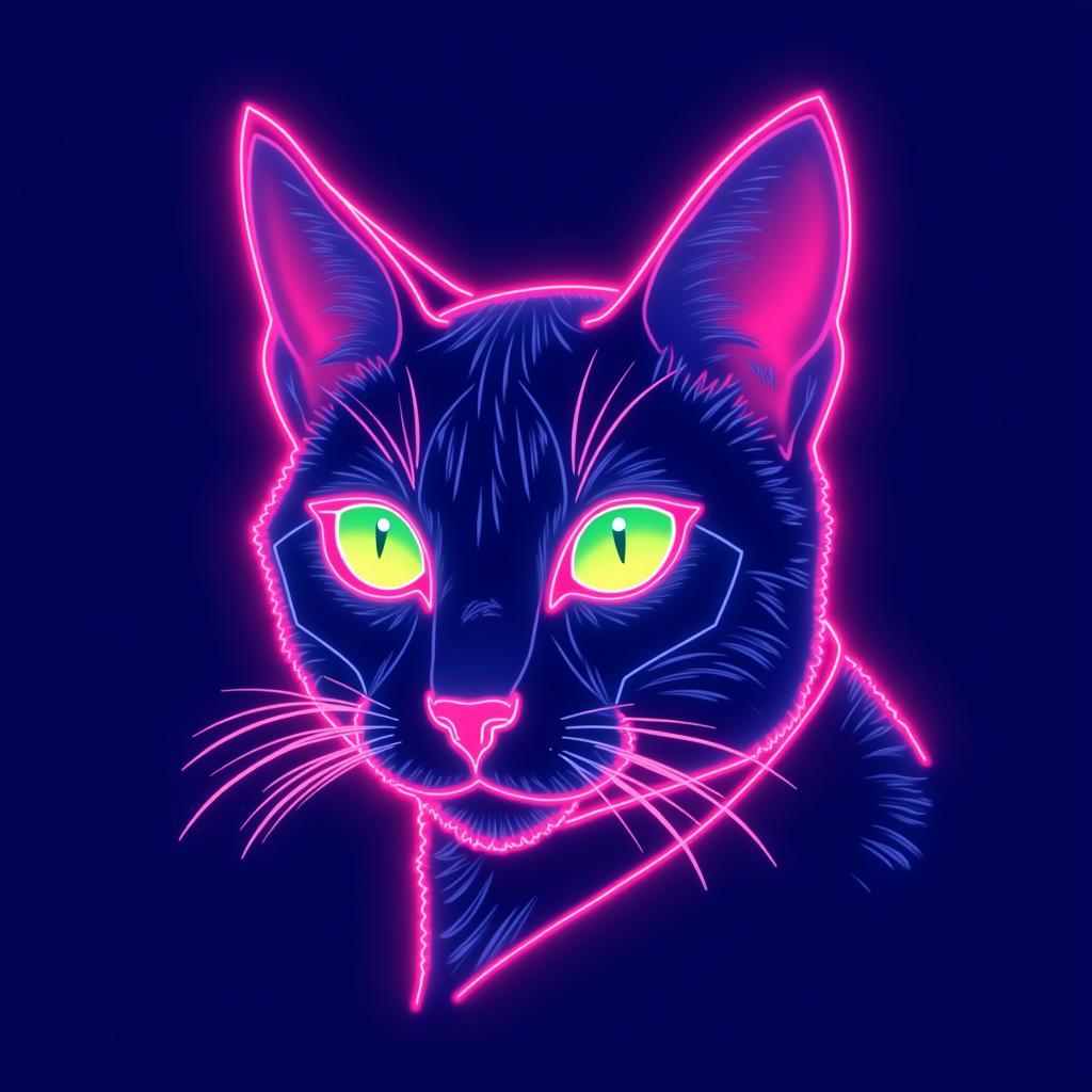 Digital cat art with vibrant neon colors.