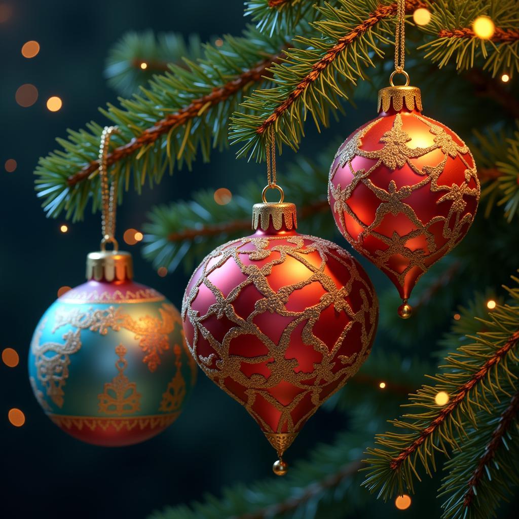 Digital painting of intricately designed Christmas ornaments hanging on a decorated tree