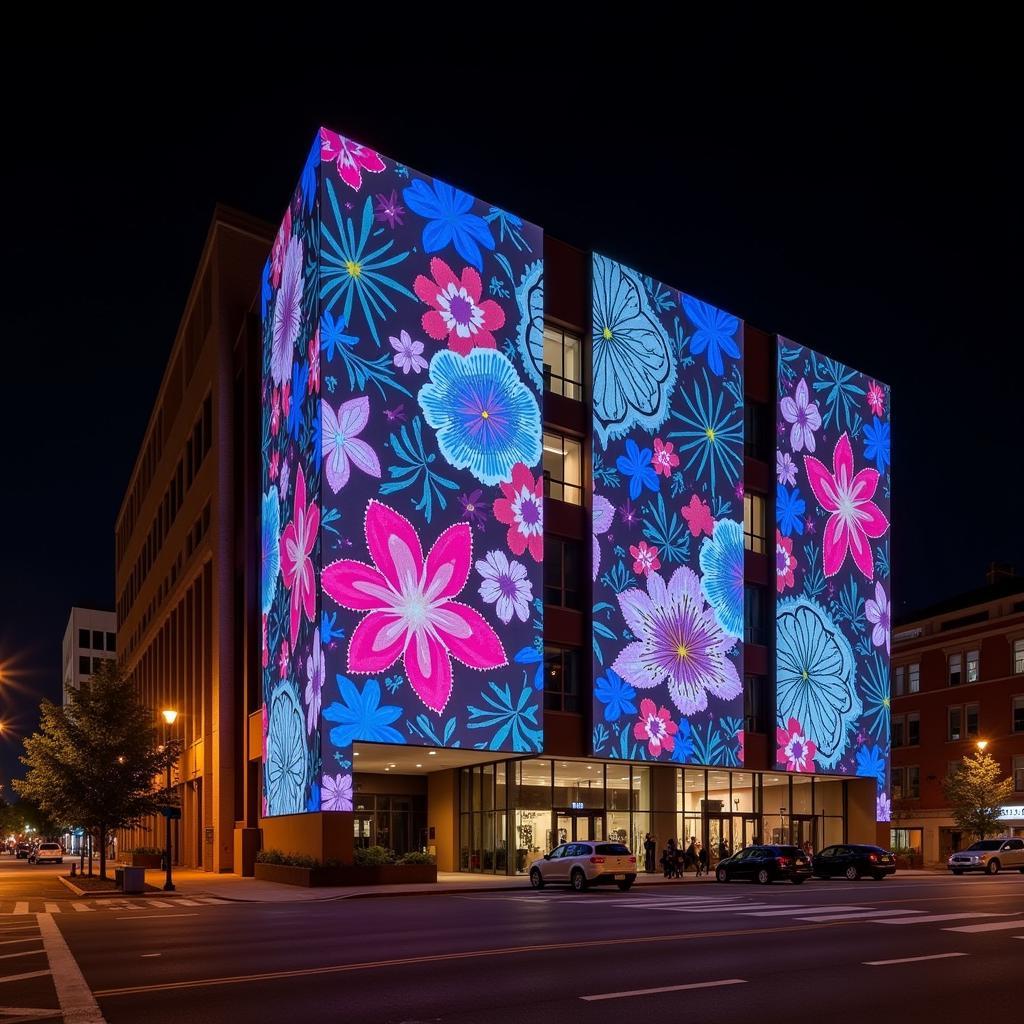 A digital projection art installation on a building facade, demonstrating the use of technology in art installation architecture.