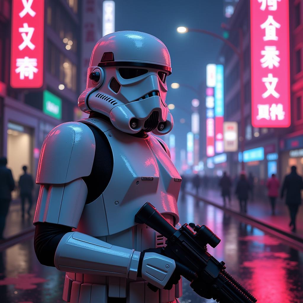 A digital artwork of a stormtrooper in a cyberpunk setting, with neon lights and futuristic cityscapes.