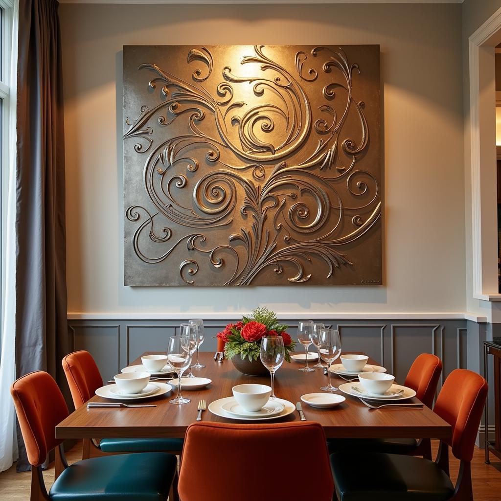 Abstract metal wall art in a dining room setting