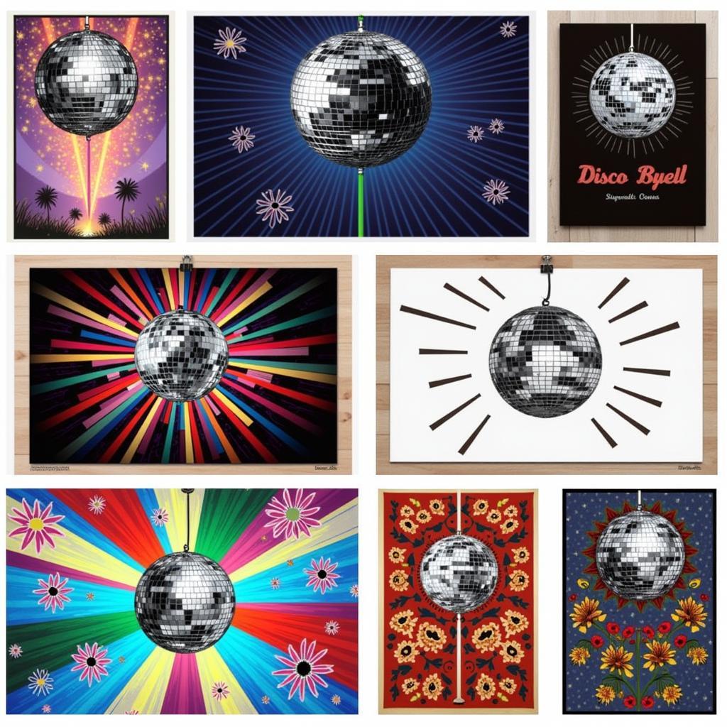 Different styles of disco ball art prints, showcasing variations in color, composition, and artistic interpretation