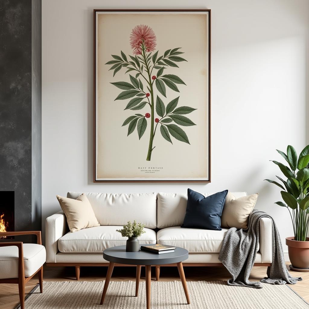 A large vintage botanical print displayed in a modern living room