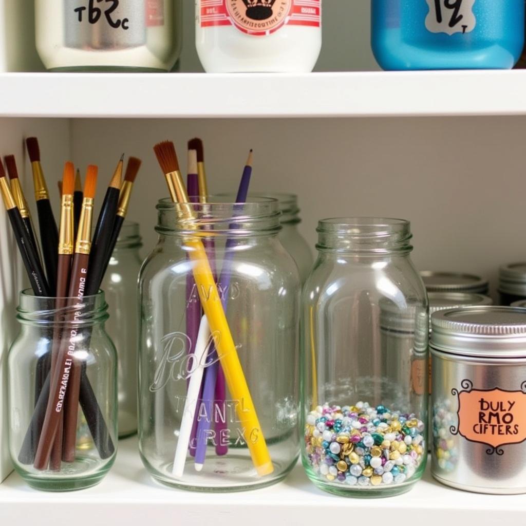 DIY art supply storage using repurposed jars and containers