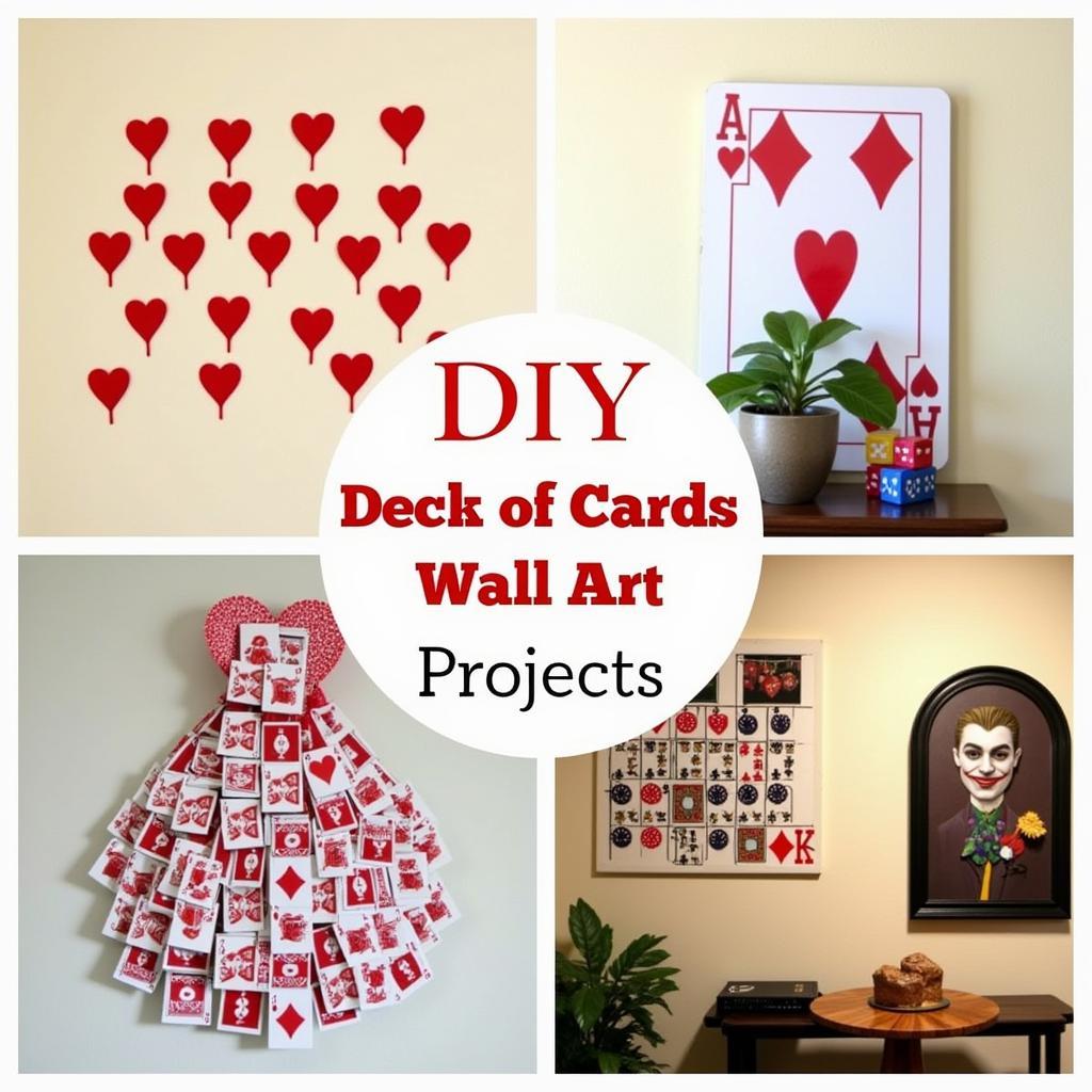 DIY Deck of cards wall art projects, highlighting creative uses of cards like creating patterns, 3D sculptures, and incorporating other elements like casino chips.