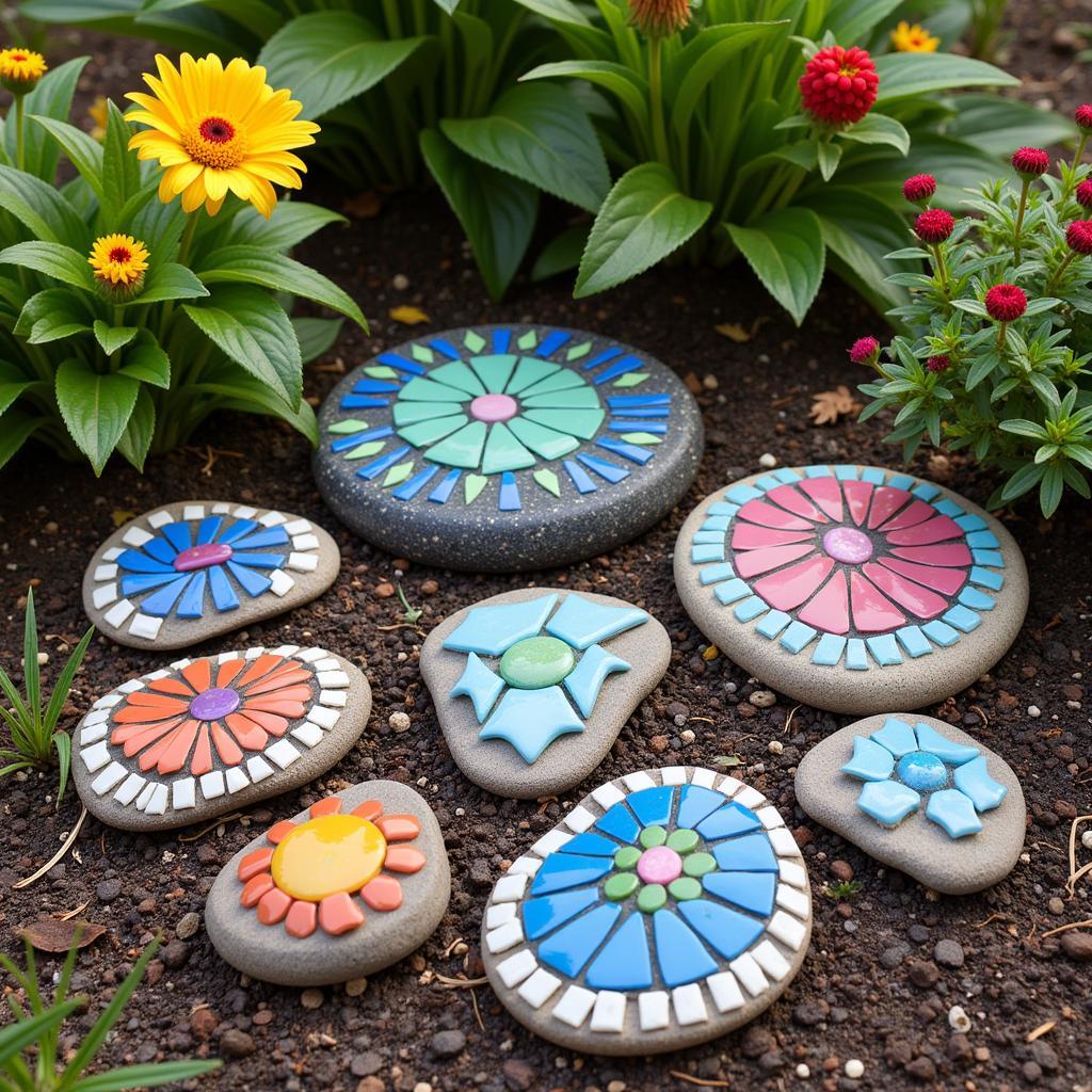 Colorful glass mosaic garden stones created with recycled glass pieces, adding a vibrant touch to a flowerbed.