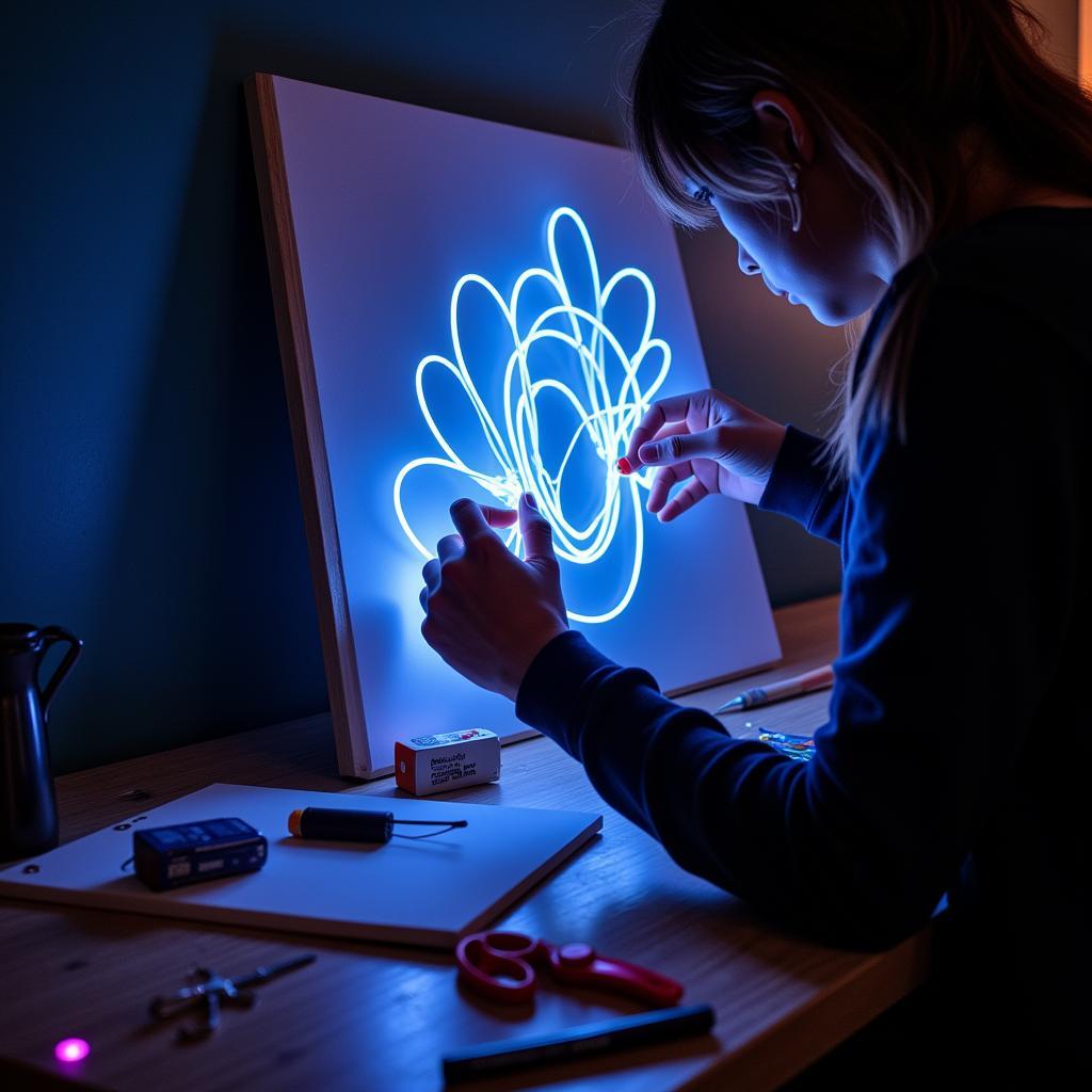 A person creating DIY glowing wall art using electroluminescent wire