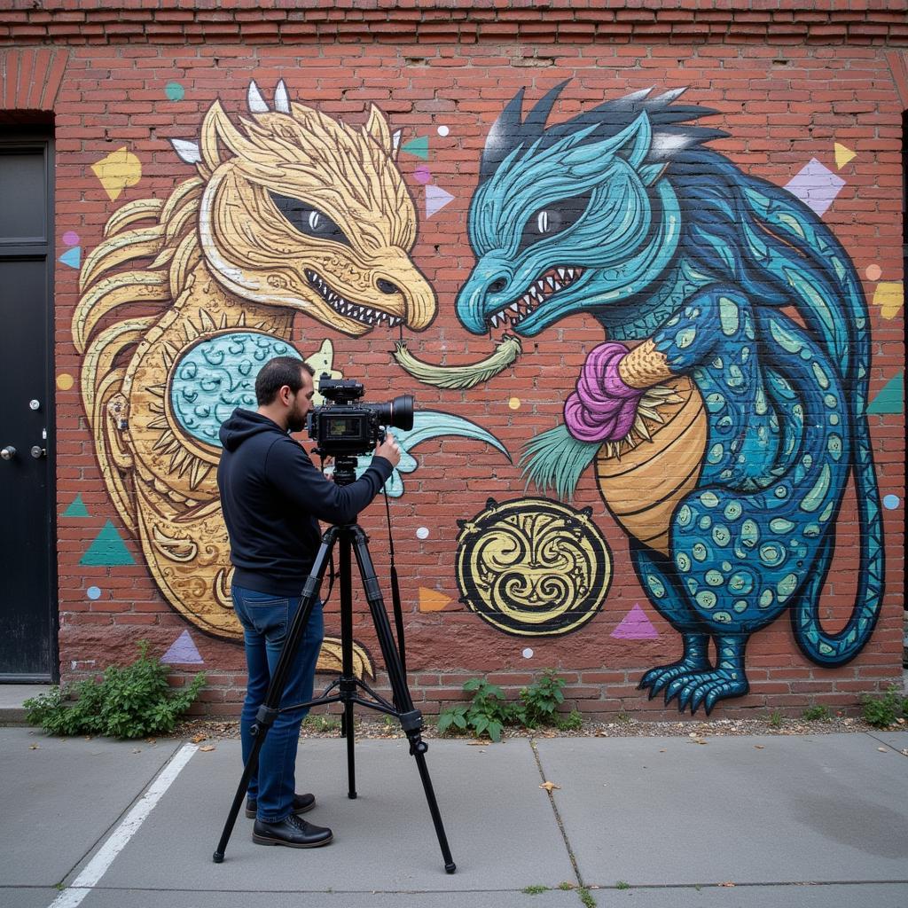 Photographers documenting street art for a book: A photographer meticulously captures a detailed mural on a brick wall, aiming to preserve its essence for a street art book.