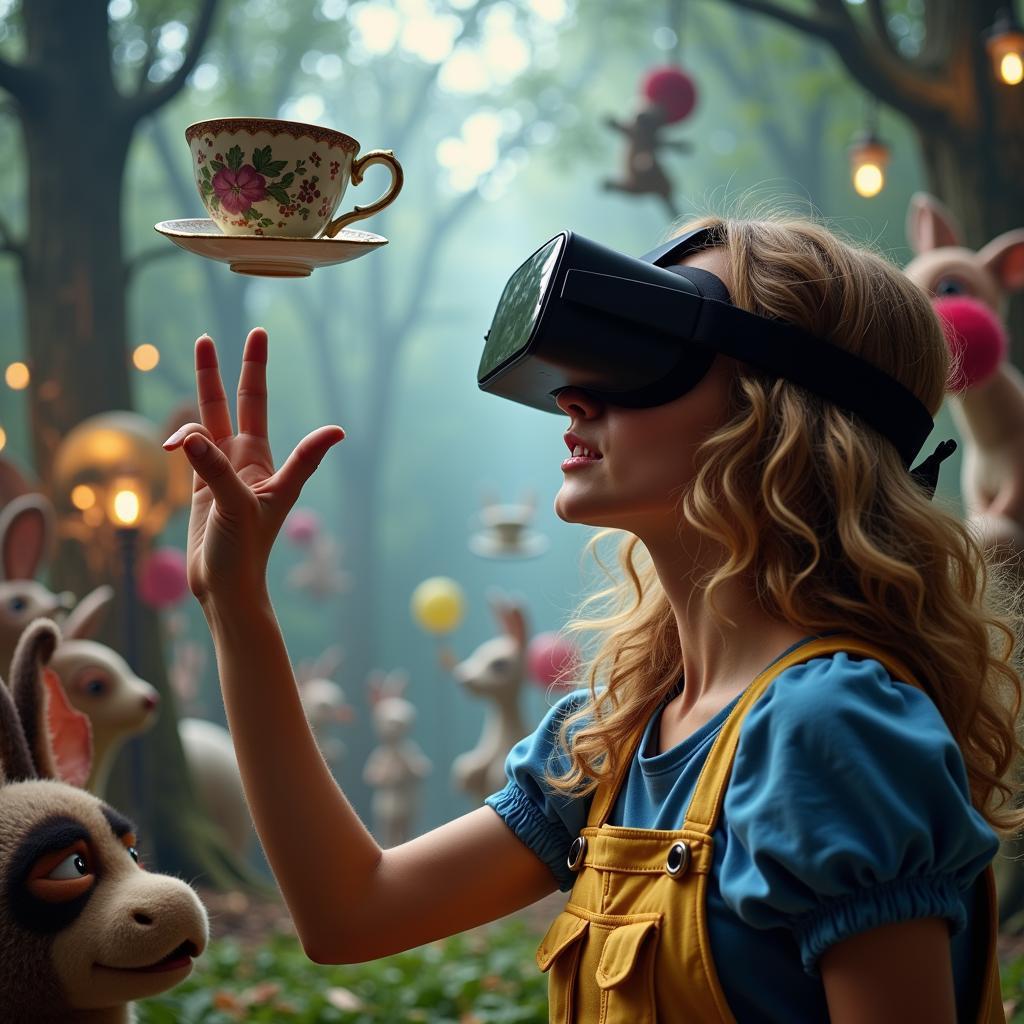 Down the Rabbit Hole Art VR Experience: A person wearing a VR headset is immersed in a surreal environment, interacting with floating objects and distorted characters, highlighting the immersive potential of VR technology in "down the rabbit hole" art.