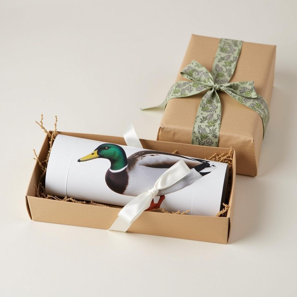 A duck art print wrapped as a gift