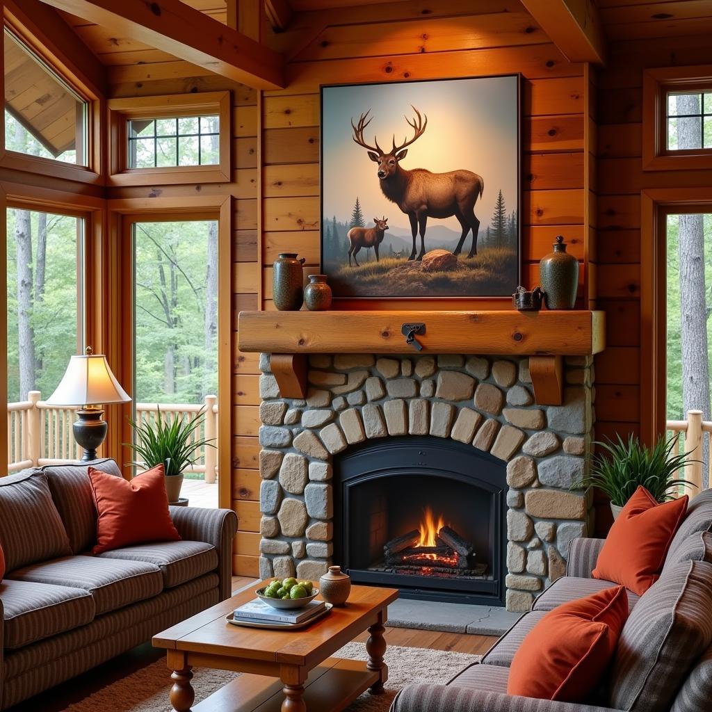 Elk Painting in a Rustic Cabin Setting