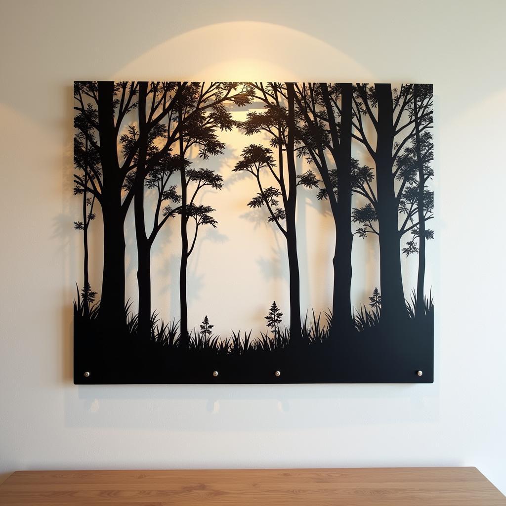 Metal wall art depicting an enchanted forest scene