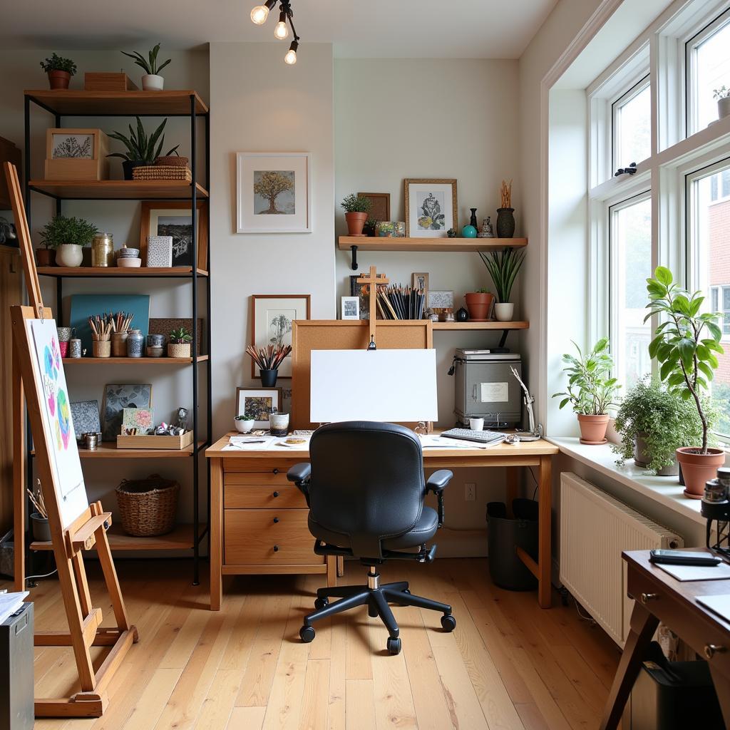 Essential Art Studio Equipment: Ergonomic Chair, Easel, and Storage