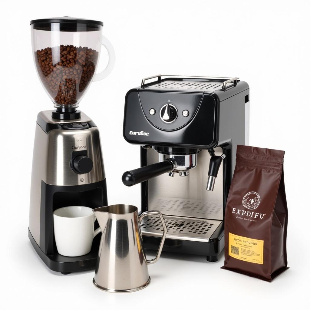 Essential Coffee Art Tools: Espresso Machine, Grinder, Milk Pitcher, and Coffee Beans