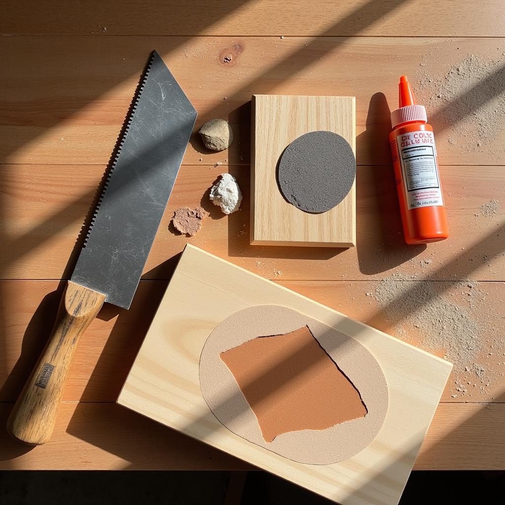 Essential tools for mosaic wood art: saw, sandpaper, glue, and base