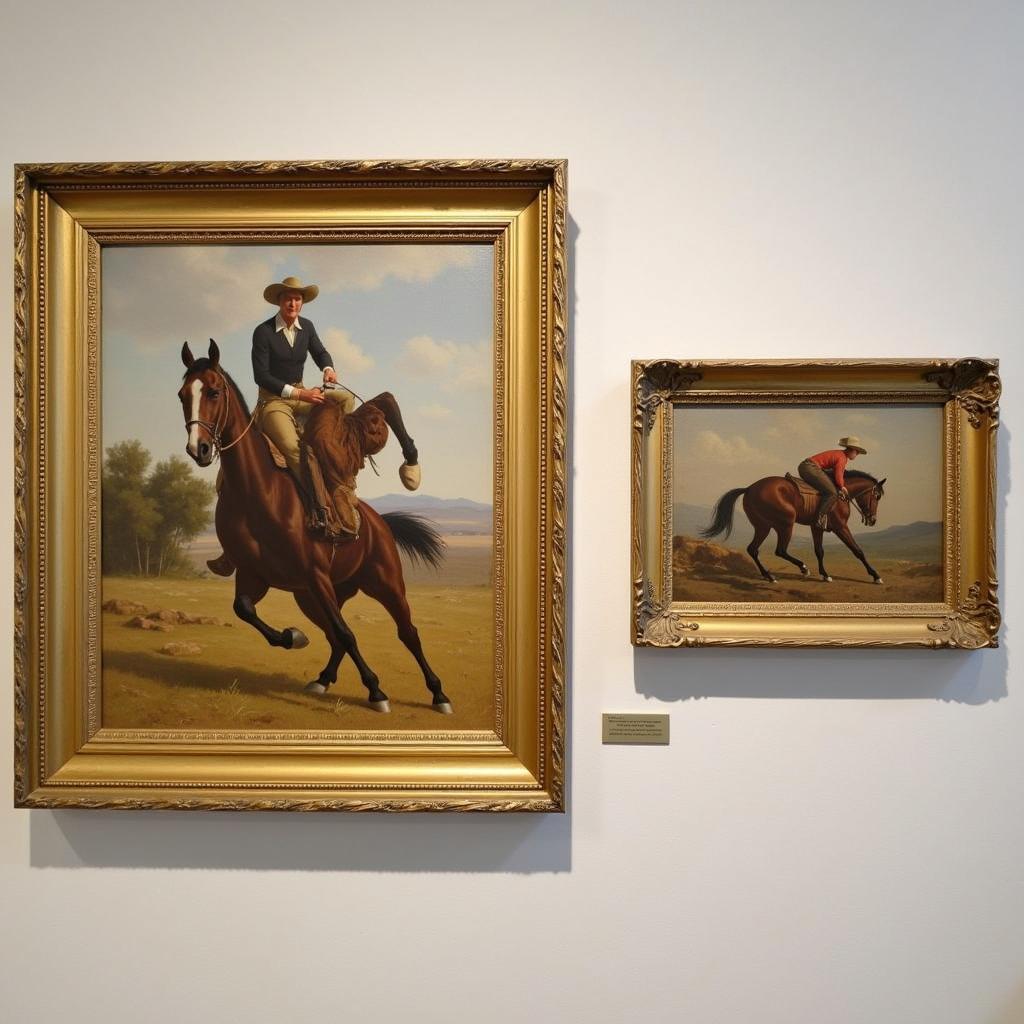 A side-by-side comparison of a Frederic Remington painting and a contemporary western horse art piece, highlighting the evolution of style and technique.