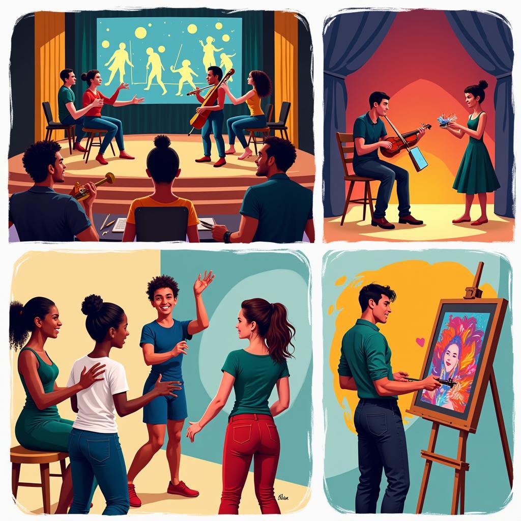 Exploring different avenues in performing arts: A diverse group of individuals engaging in various artistic expressions, including dance, music, theater, and visual arts.