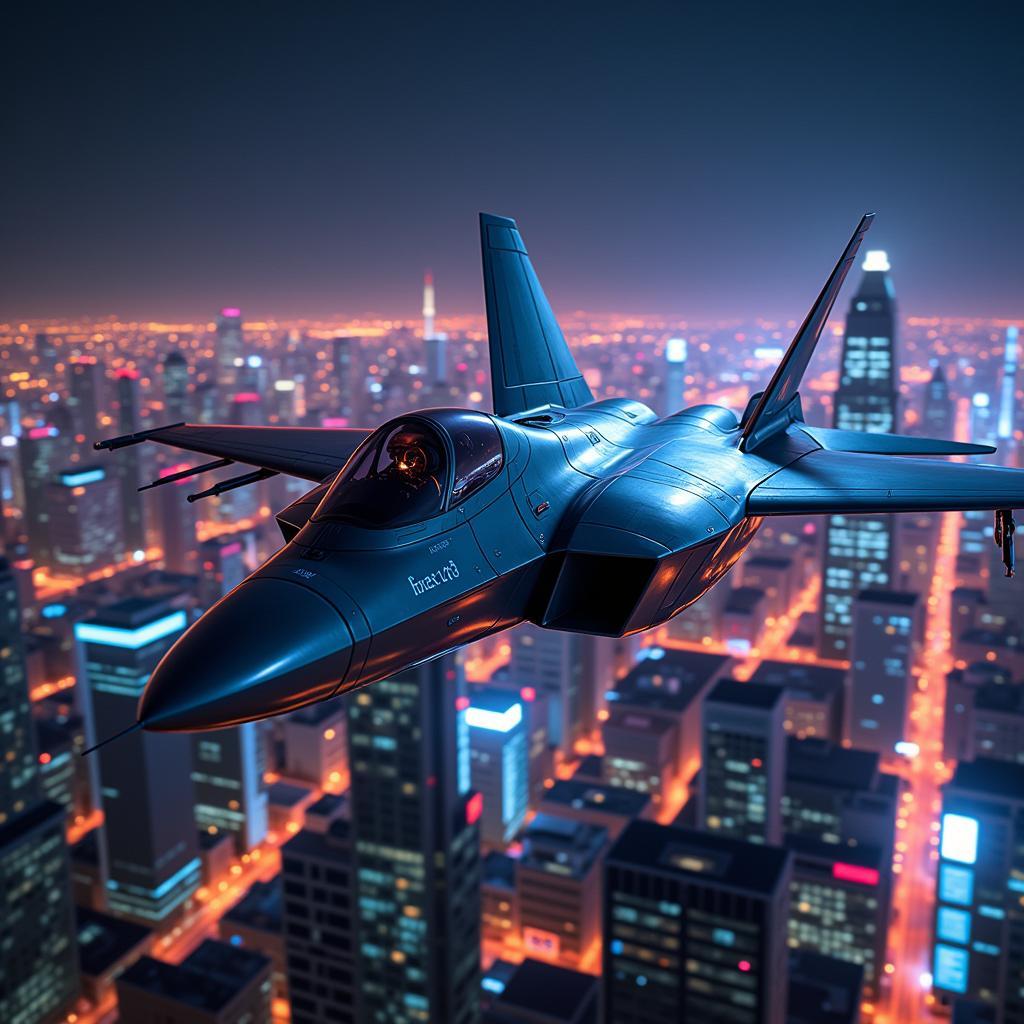 F22 Digital Art Render: A hyperrealistic digital rendering of an F22 Raptor flying through a futuristic cityscape, demonstrating the use of digital art tools in F22 art.