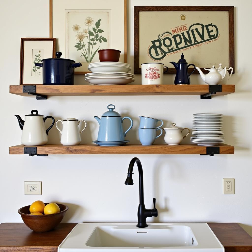 Farmhouse style kitchen wall decor featuring vintage signs and botanical prints