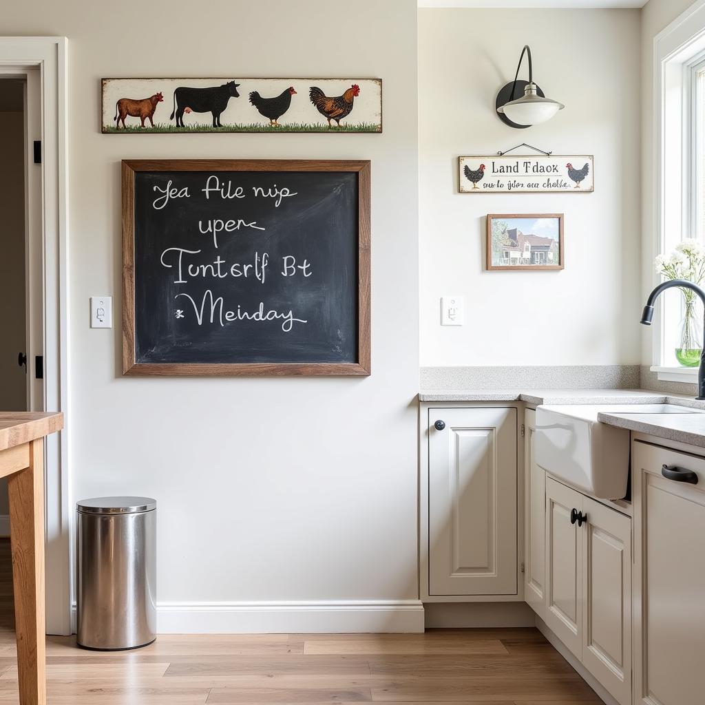 Farmhouse kitchen wall decor with vintage metal signs and a chalkboard