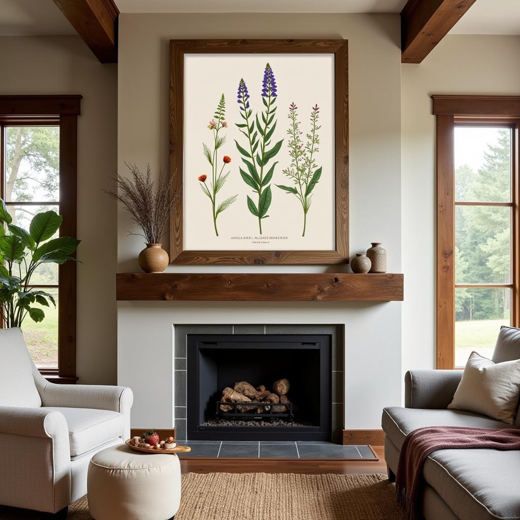 Farmhouse living room wall art featuring a rustic wooden frame and a botanical print