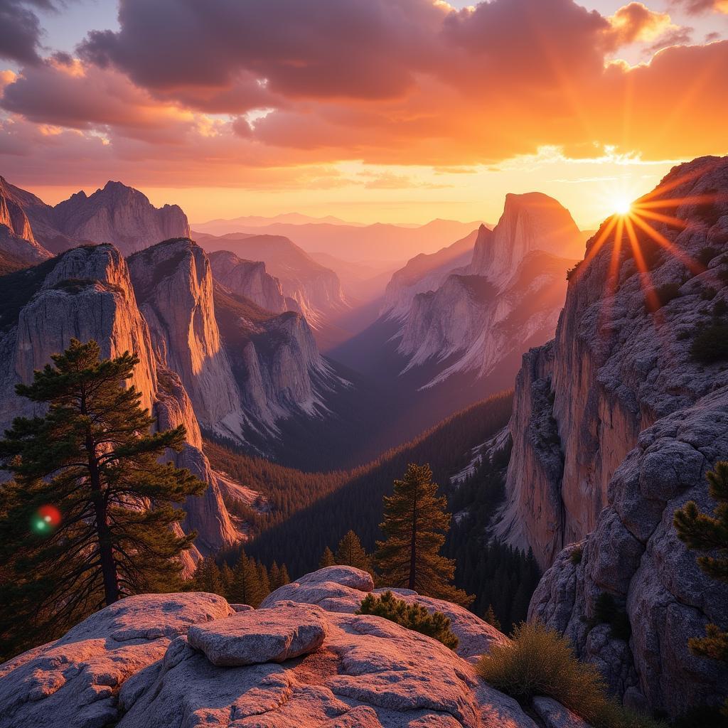 Fine art nature photography print showcasing a dramatic rocky mountain landscape at sunset.