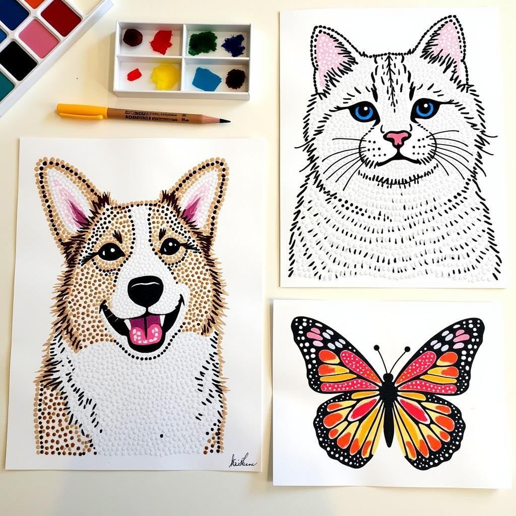 Completed dot art animal projects including a dog, a cat, and a butterfly.