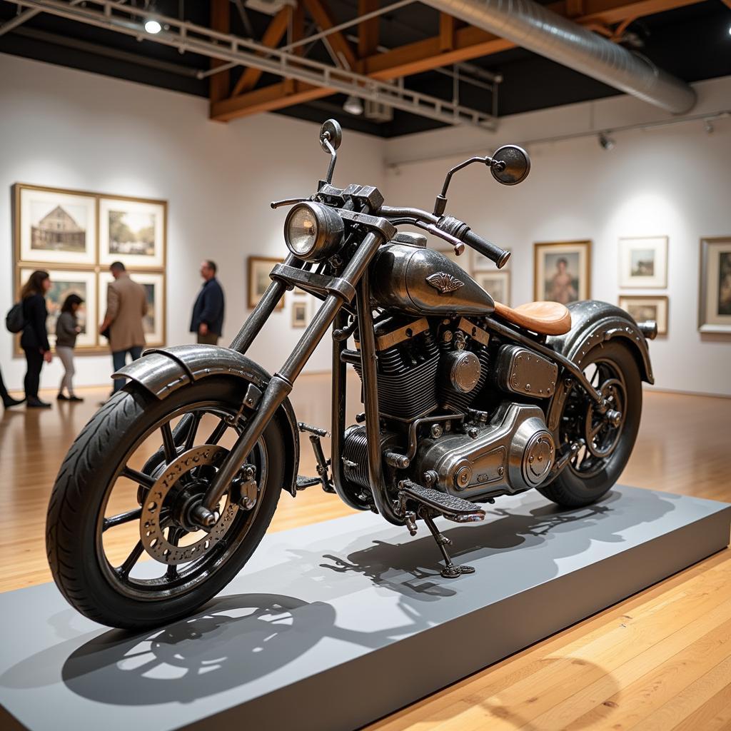 Finished Scrap Metal Motorcycle Display: A beautifully crafted scrap metal motorcycle displayed in a gallery setting, highlighting its artistic merit and unique appeal.