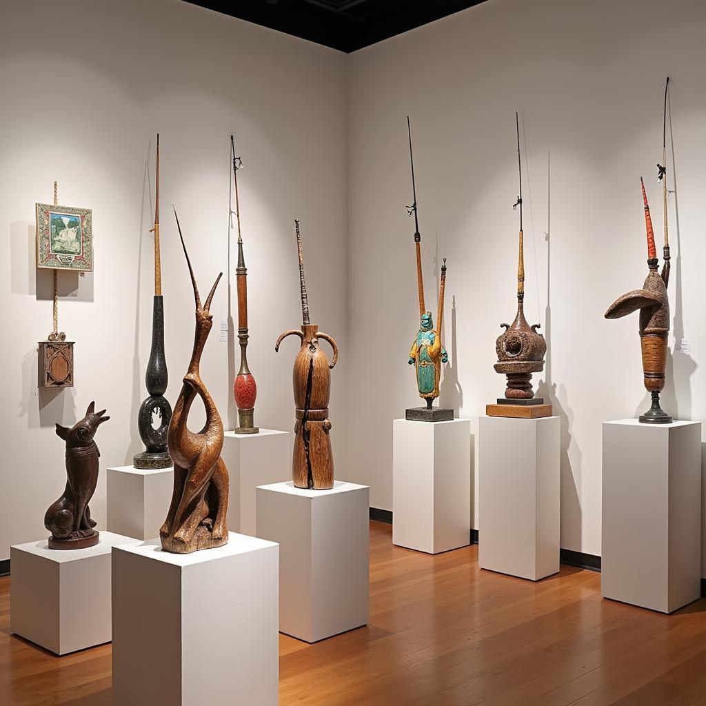 Fishing rod art sculptures displayed in an art gallery