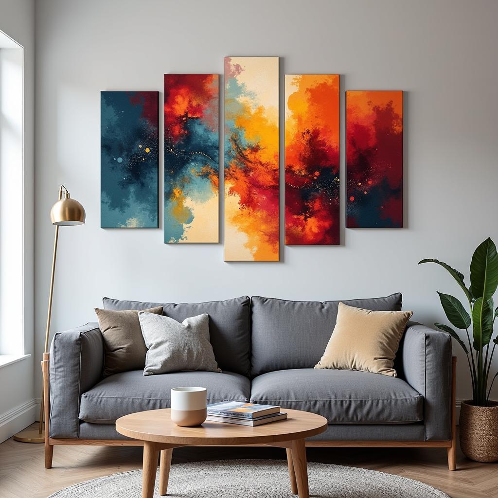 Five piece canvas wall art displayed above a sofa in a modern living room