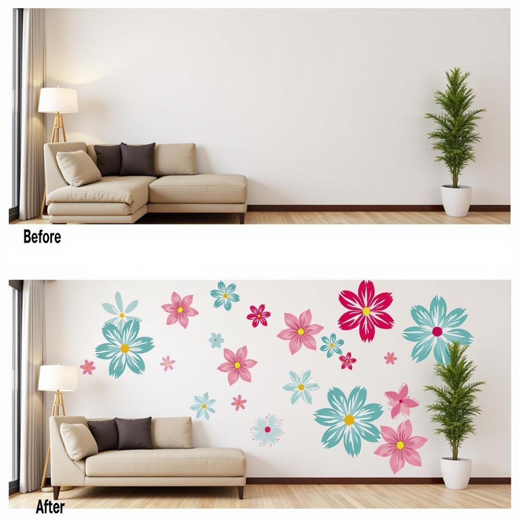 Floral wall stickers transform a plain living room wall into a beautiful focal point