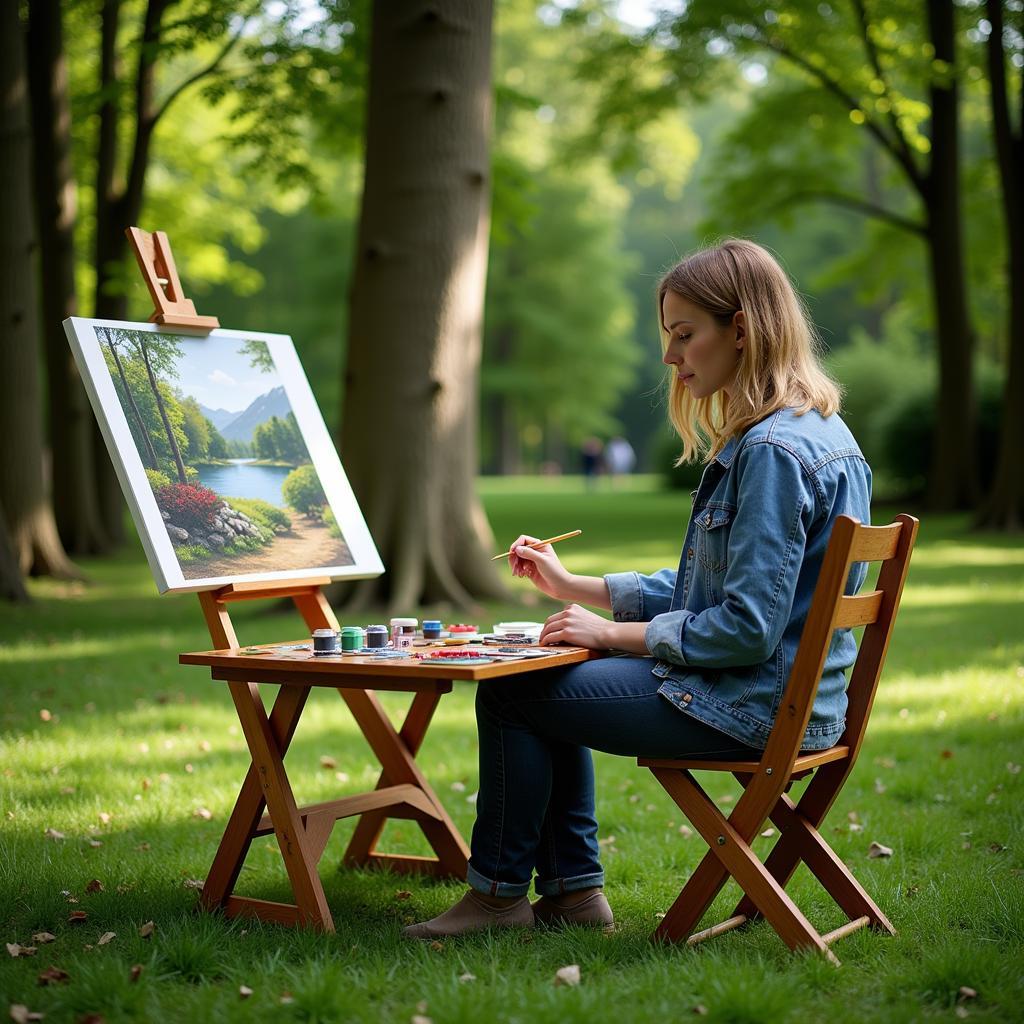 Artist using a foldable art table for painting outdoors