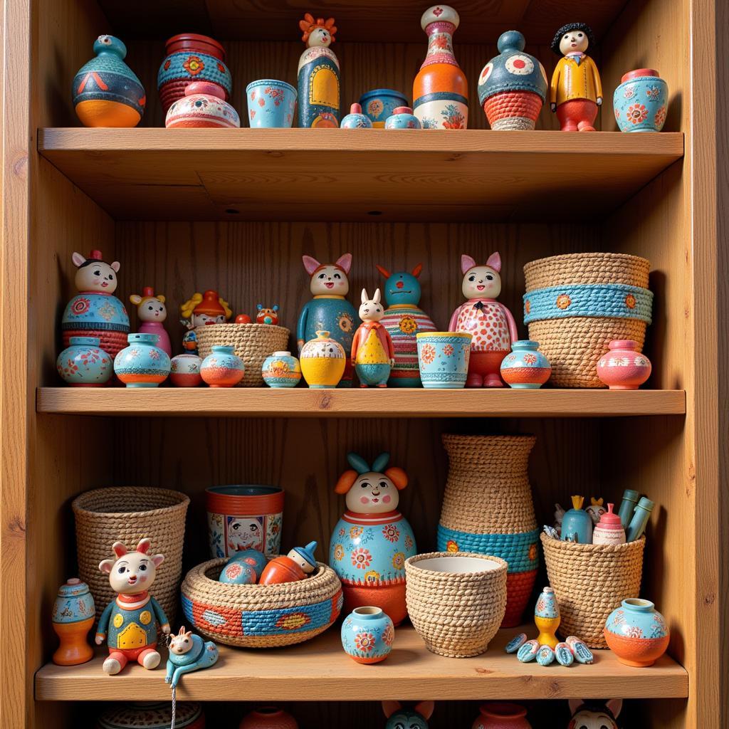 A collection of whimsical folk art accessories displayed on a shelf