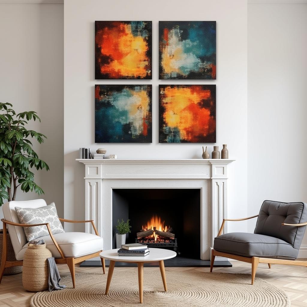 Four piece abstract canvas art displayed above a fireplace