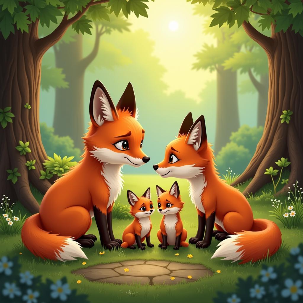 Fox Family in Forest Art Print