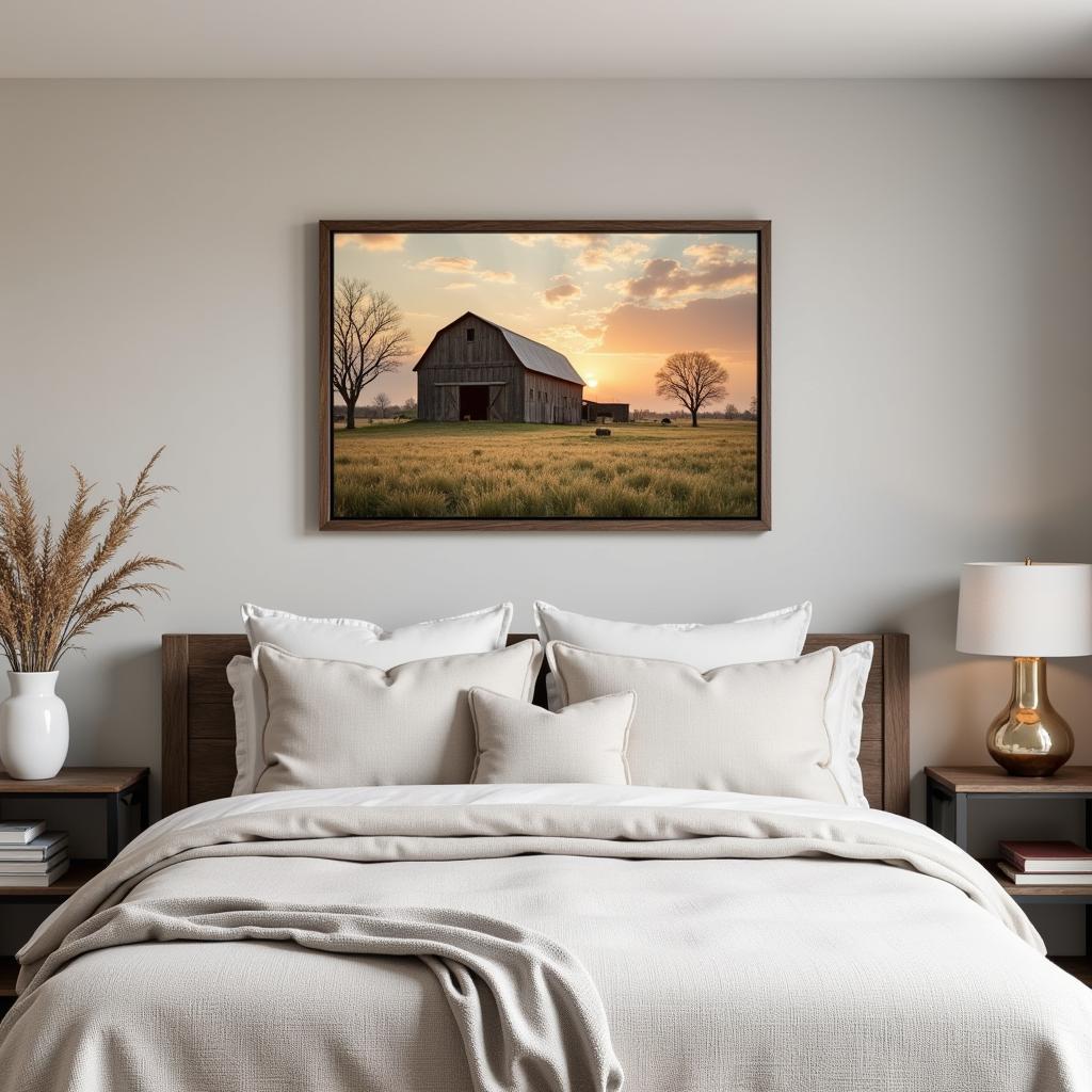 Framed barn art creates a calming atmosphere in a bedroom setting