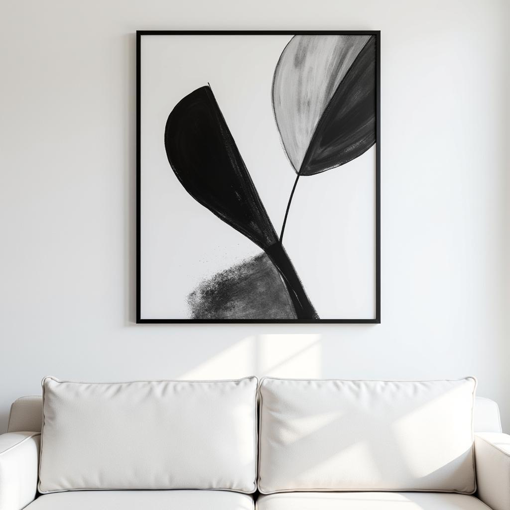 Framed black and white abstract wall art in a modern living room