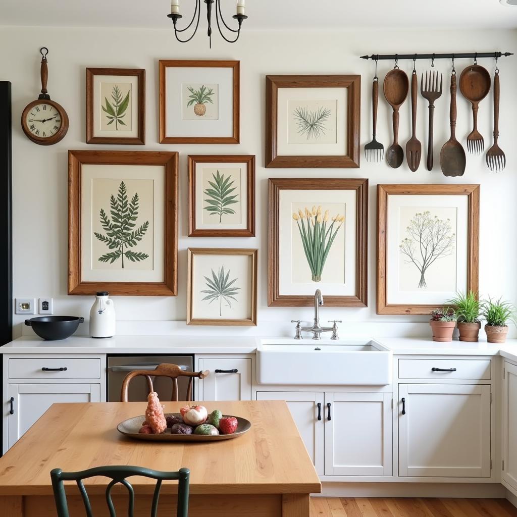 Framed Kitchen Wall Art Gallery Wall: A collection of framed botanical prints and vintage kitchen utensils creates a charming gallery wall in a farmhouse kitchen.